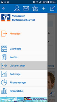 Mobiles Bezahlen Grafik: Mobiles Bezahlen – Menüpunkt "Digitale Karten" in der VR-BankingApp